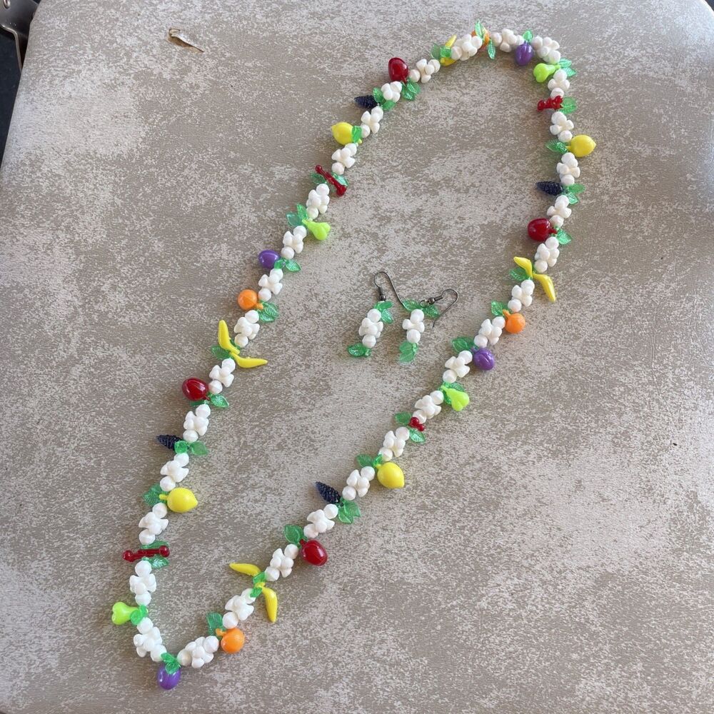 VTG Necklace Earring Fruit Salad Acrylic Beaded Necklace 30 Inches Tutti Fruitti